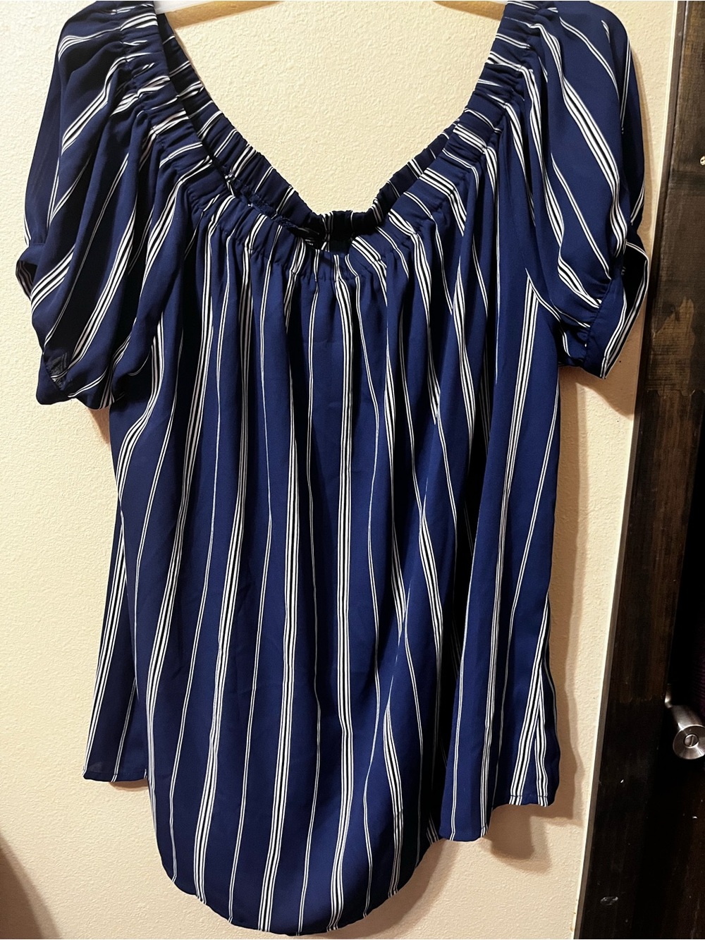 Navy Blue Striped Peasant Top - Women's